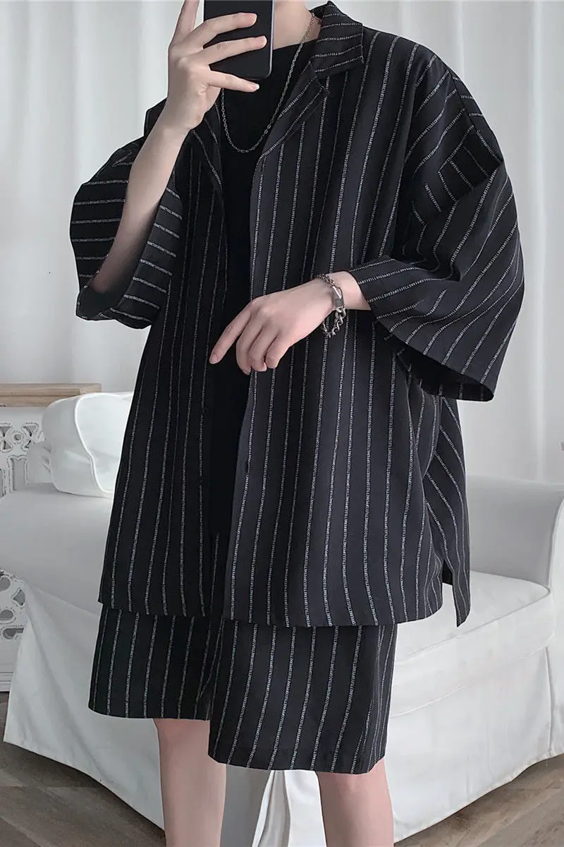 

IEFB men's summer Casual Short Sleeve Shirt + trendy elastic waist shots with pockets men's two piece set loose oversize clothes