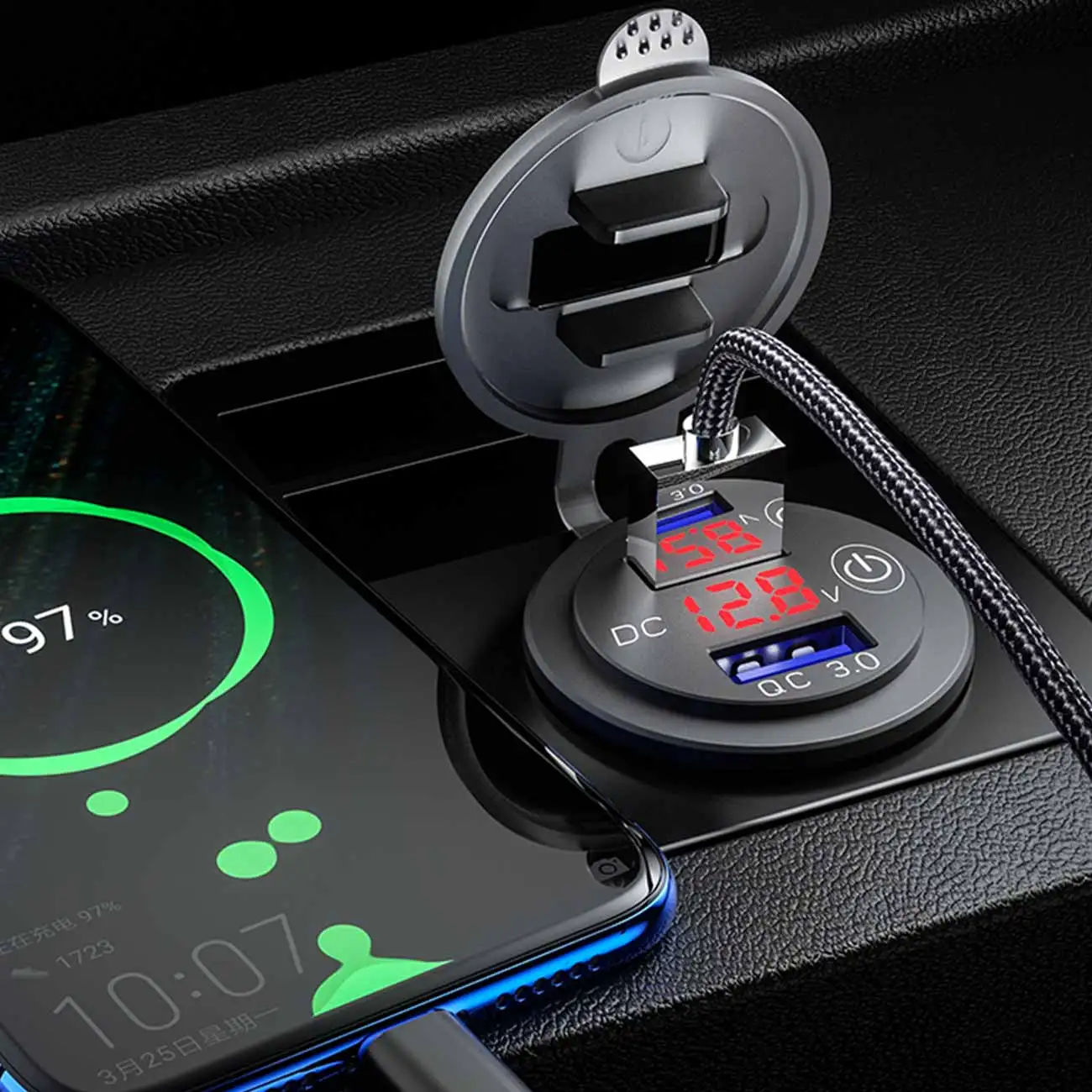 

12V-24V QC3.0 Power Adapter Dual USB Quick Charge Socket With Touch Switch LED Voltmeter Display Splitter Cigarette Lighter