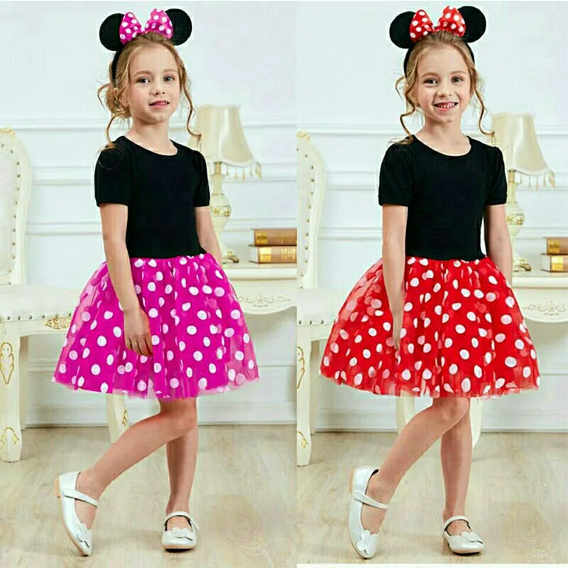 

Disney Princess Dress with Bowknot Hair Band Short-Sleeved Red Knee-Length Robes Polka Dot Net Yarn Cute Costume Stage Costume