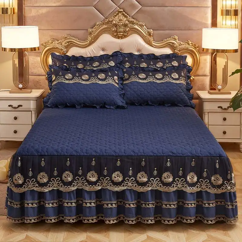 

European Luxury Bedspreads and 2PCS Pillowcase Thick Cotton Bed Skirt with Lace Edge Twin Queen King Size Bedding Set Non-slip