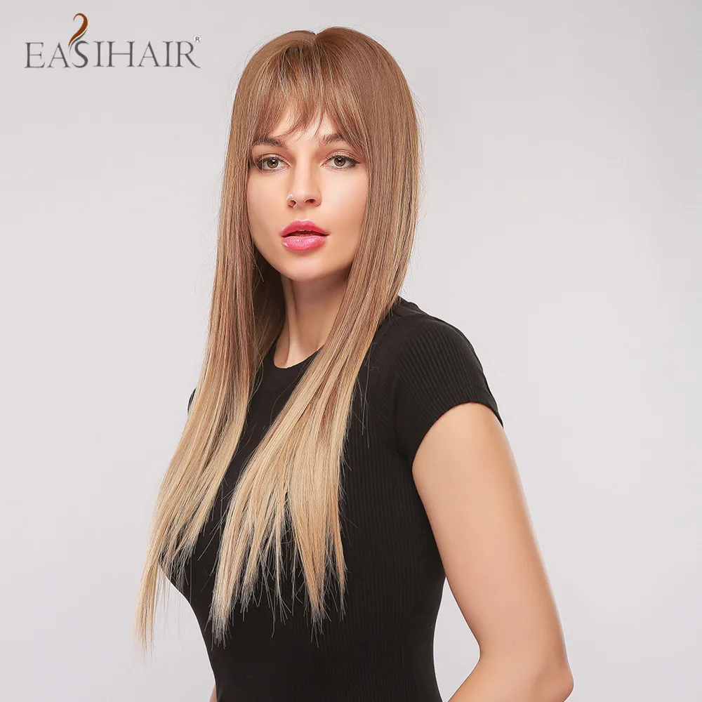 EASIHAIR Long Straight Ombre Brown Wigs With Bangs Heat Resistant Synthetic for Black Women Cosplay Natural Hair | Шиньоны и парики
