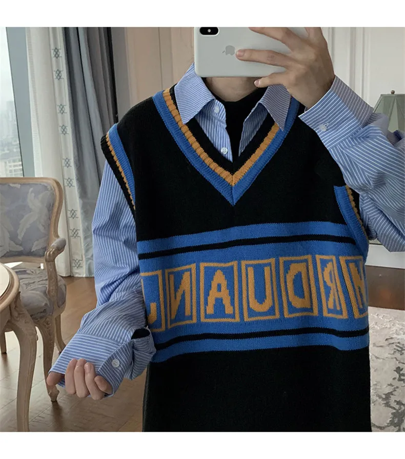 

Autumn V-Neck Sleeveless Embroidered Knitted Sweater Vest Male Student Korean Style Trend Loose Outer Vest Jacket Male