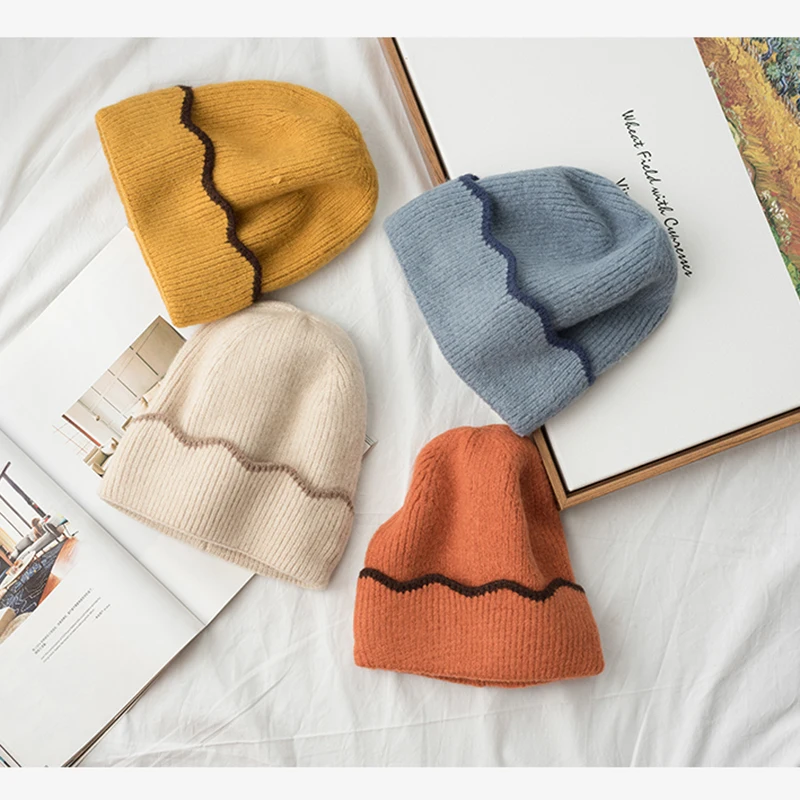 

VISROVER 9 colorsways acrylic hat waves pattern winter hat women knit cap skullies beanies warm bonnet female hat wholesales