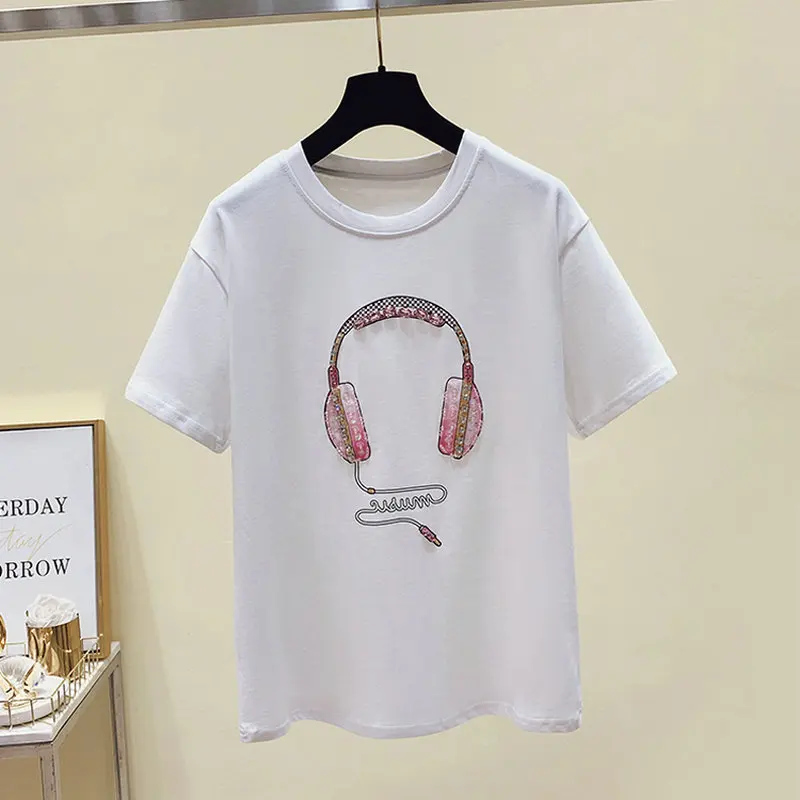 

Summer Hot Drilling T Shirt Women Clothing White Oversized Tshirt Female Tops Loose Beading Cotton Tee Shirt Korean Fashion 2021