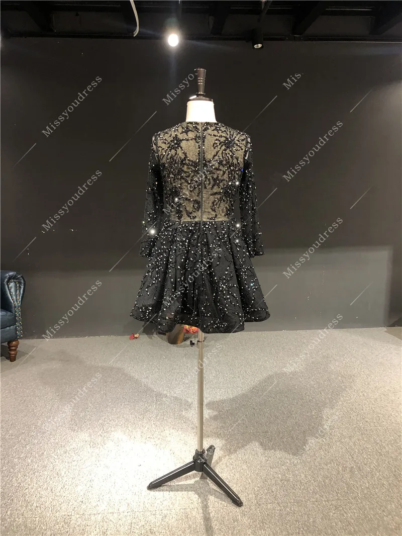 ZuhairMurad Black Color Real Picture Luxury Heavy Beads O-Neck Full Sleeves Short Length Evening Party Prom Dancing Bridal Dress