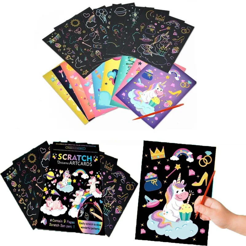 

9Pcs Painting Papers Magic Rainbow Color Scratch Art Cards Drawing Sticks Kit Cartoon Animal Style DIY Drawing Toys for Kids