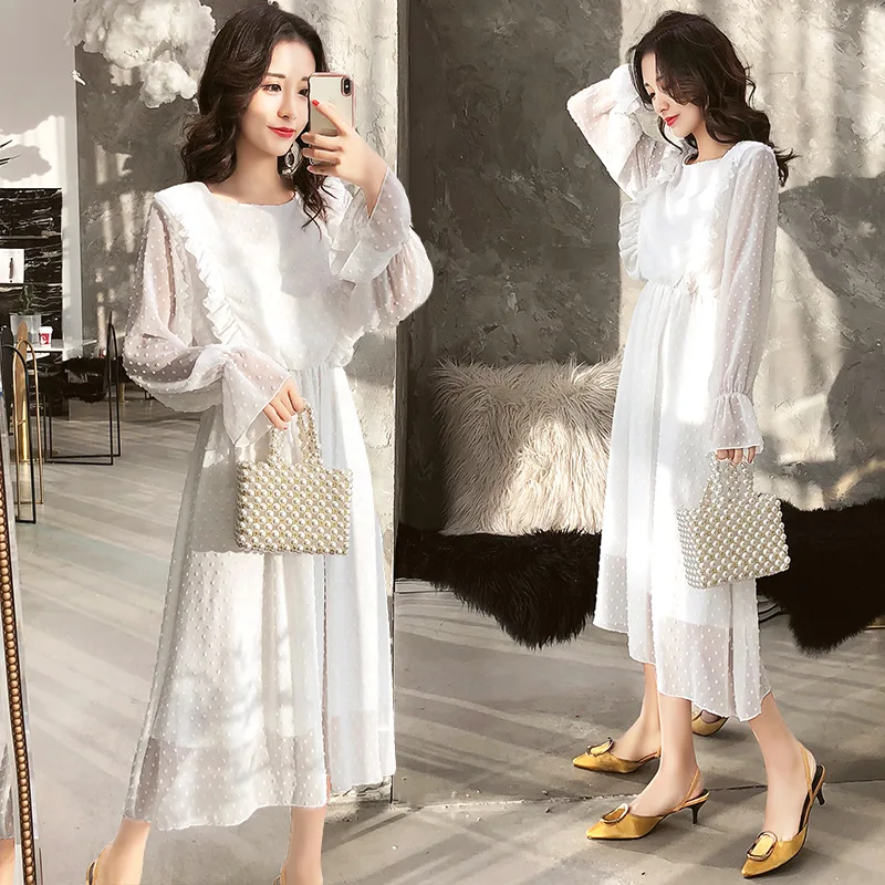 

Ruffles Polka Dot Women Chiffon Dress Elastic Waist Flare Sleeve Female Long Vestidos A-line White Dress 2021