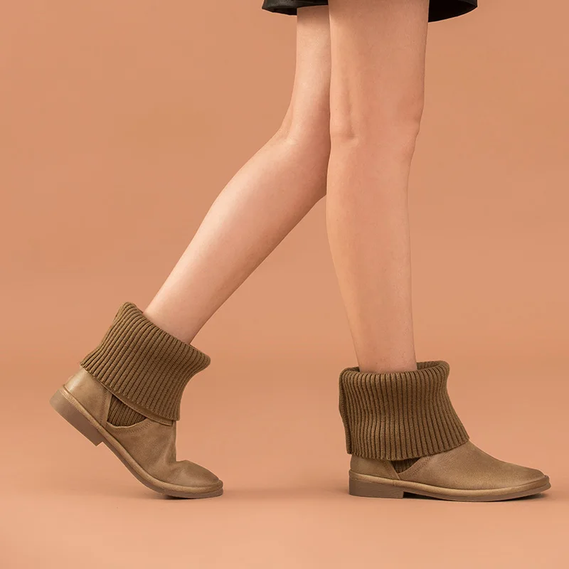 Ботинки женские до середины икры из натуральной коровьей кожи с круглым носком и