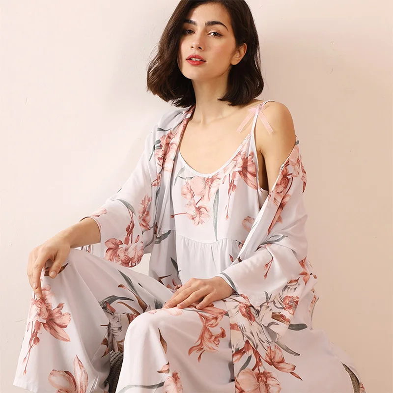 

Soft Pajamas 3 Piece Set Women Floral Printed Pink Leaves Cardigan Camisole Pants Ladies Homewear 2021 Spring Summer Sleepwear
