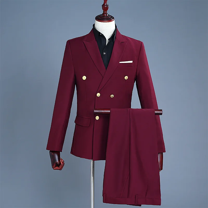 

2021 New Men's Fashion Wine Red Double Buckle Suits Groom Dress Slim Singer Stage Costumes Hairstylist Host Two-piece Sets Suit