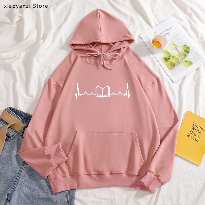 

Book Heartbeat Print Women hoodies Cotton Casual Funny sweatshirts For Young Lady Girl sports pullovers OT-410