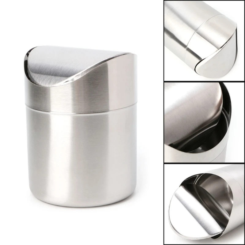 

Stainless Steel Desk Trash Bin Countertop Waste Can With Swing Lid 1.5 L P82C