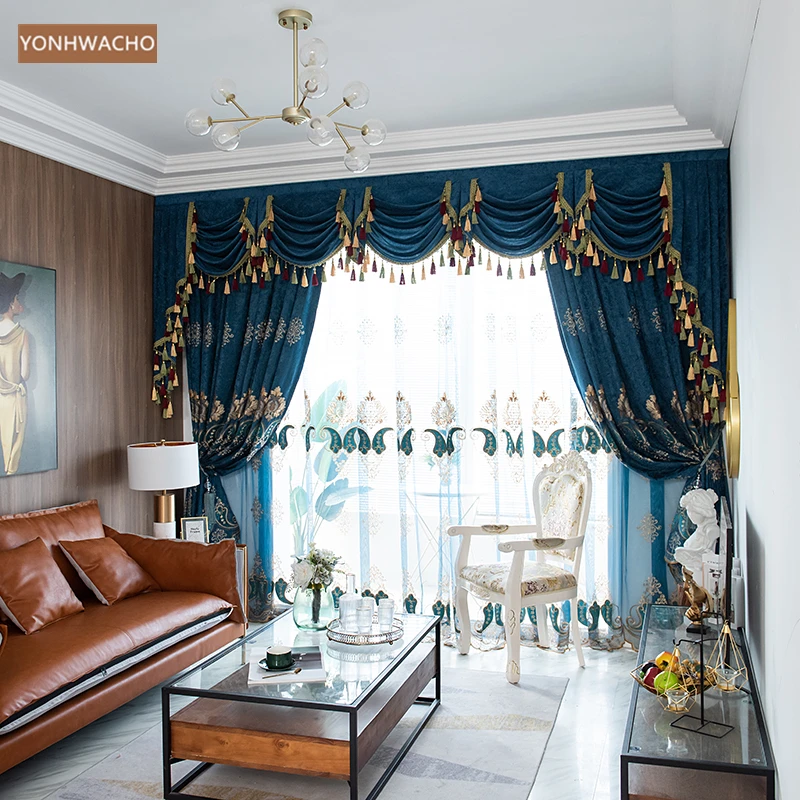 

Custom curtain European living room bedroom chenille embroidered blue thick cloth blackout curtain valance tulle panel C601