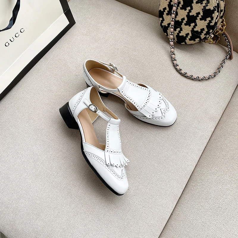 

2021 Spring Summer Chunky High Heel Fringe Sandals Women Retro Genuine Leather Buckle Tassel Pumps Banquet Shoes heels for women