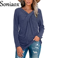 2021 summer women clothing v neck folds long sleeve pullover solid color casual t shirt ladies fashion street loose t shirt tops