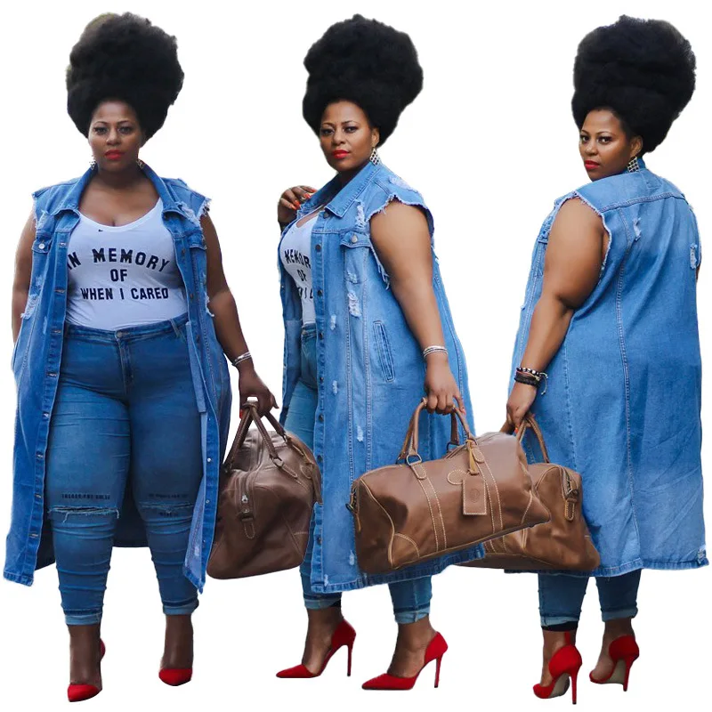 

INS Hottest Women Plus Size Ripped Denim Jackets Turn-down Collar Single-breasted Sleeveless Pockets Mid-calf Loose Waistcoat