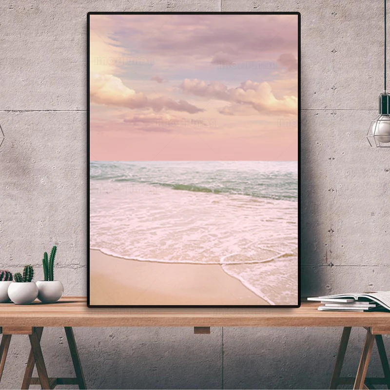 Розовые пастельные облака Пляж пейзаж Фотография плакат океанская волна Бохо