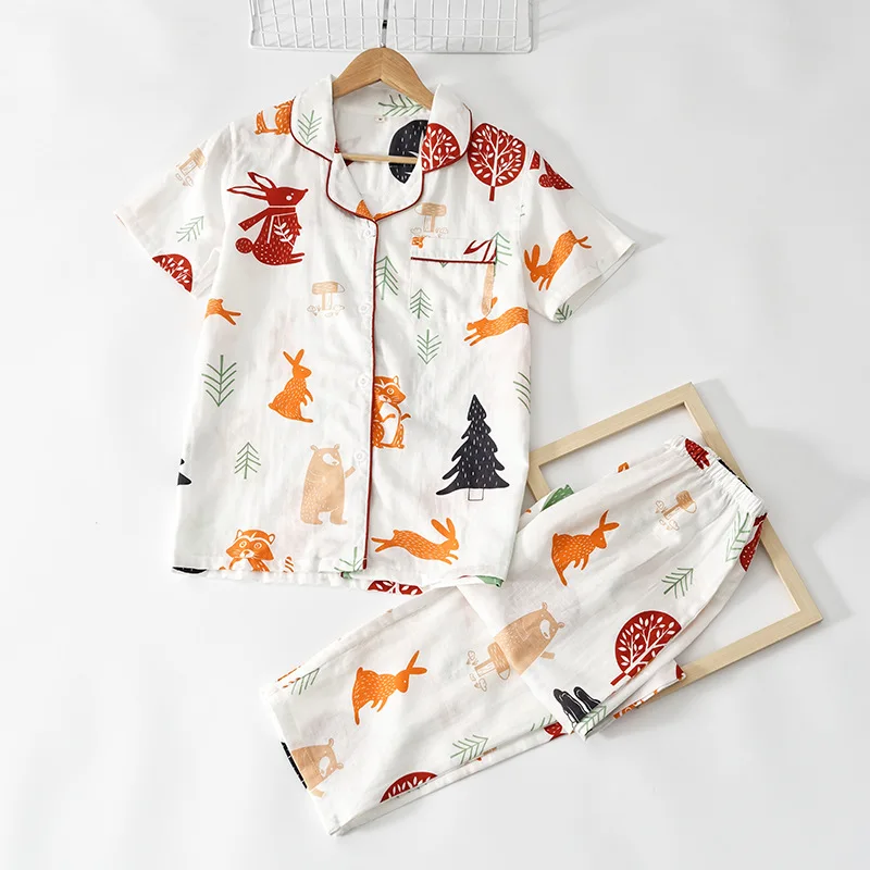 

Fresh Cartoon Pyjamas Women Gauze 100% Cotton Short Sleeve Trousers Sleepwear Summer Female Casual Korea Pajamas Sets Homewear