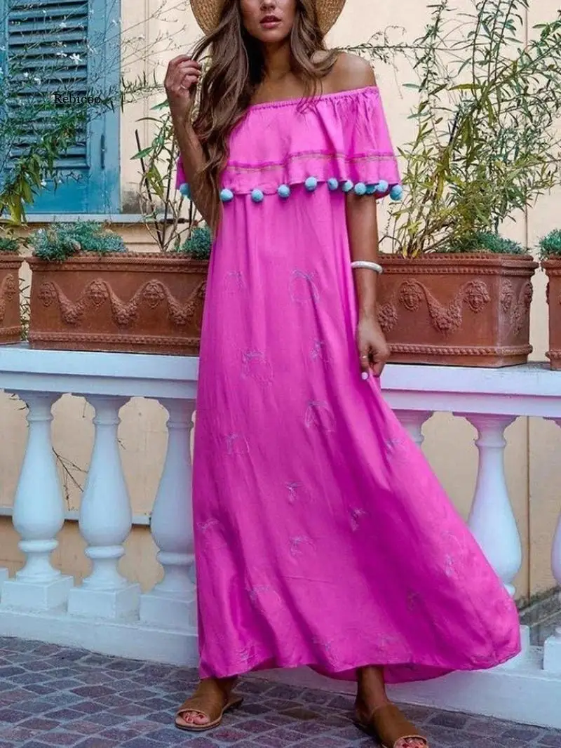 

2021 Hot High-End Free Chiffon Holiday Sexy Long Dress Solid Slash Neck Half Sleeve Nature Women Loose Maxi Dress