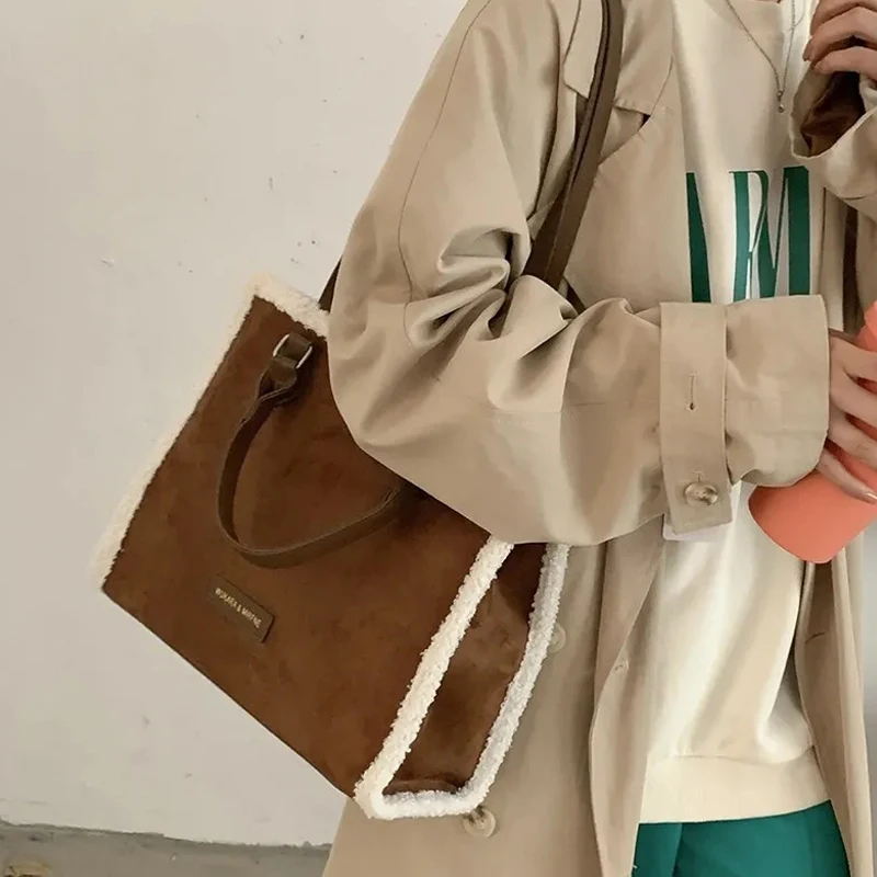 Fashion Faux Suede Lambswool Splice Totes Bags for Women Big Capacity Lamb Wool woman handbag Soft Plush Edge Shoulder Bag |