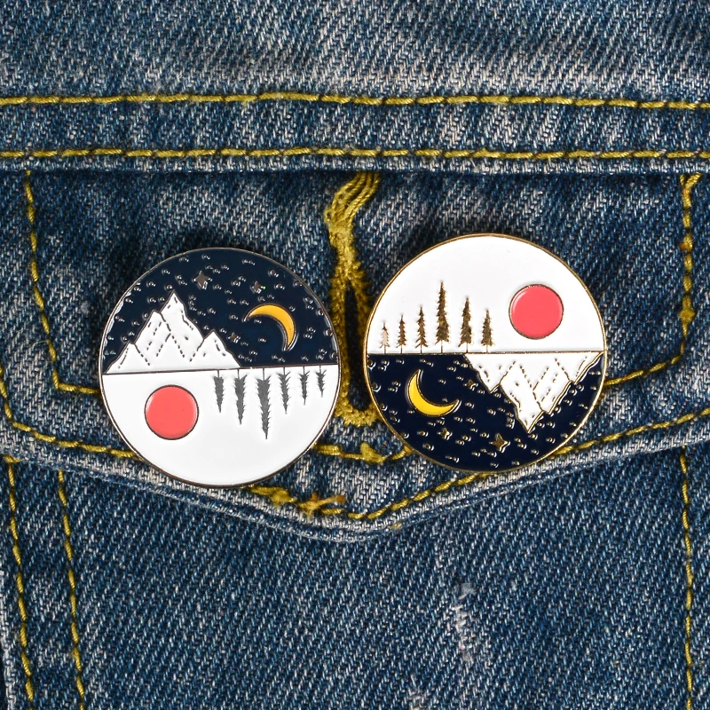 

Day and Night Enamel Pin Sun Moon Starry night Mountain Forest Nature Travel Adventure Brooch Bag Clothes Lapel Pin Jewelry Gift