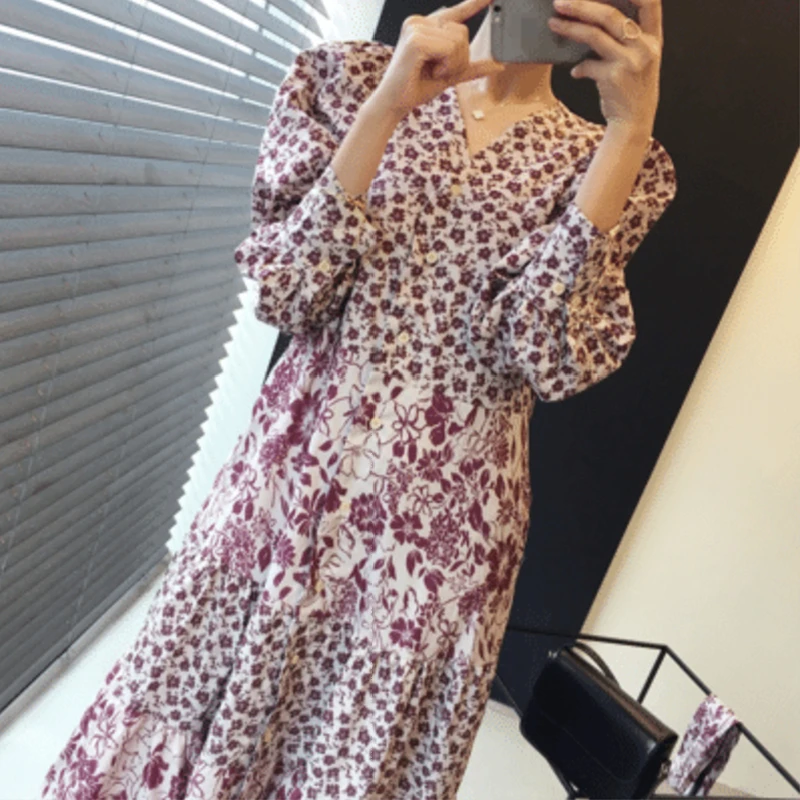 

Spring Women's Dress A-Line Loose Casual Vacation Wear Bandage Waist V-Neck Printed Split Dress
