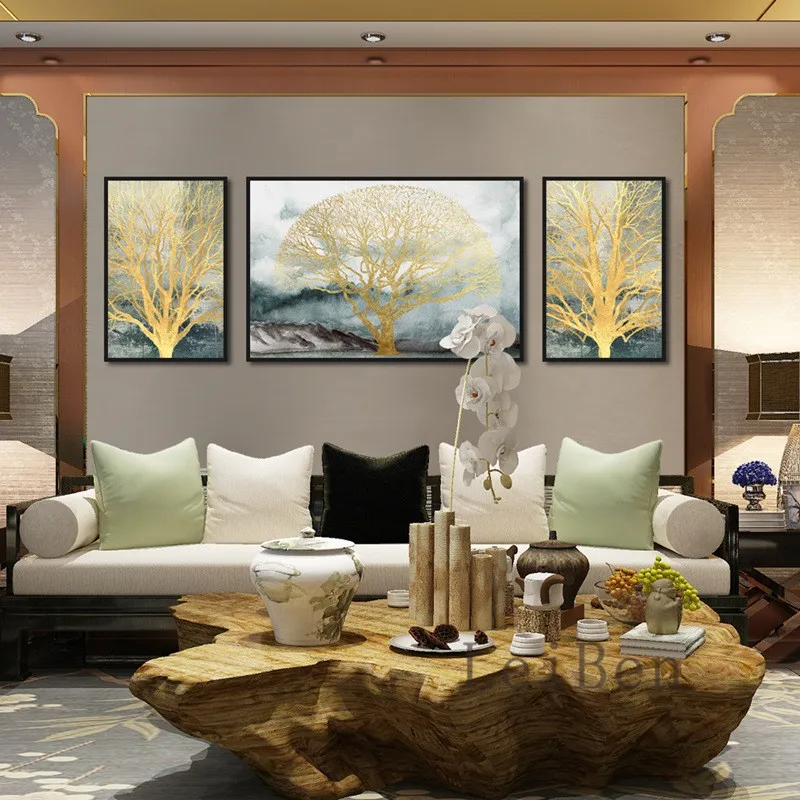 Постер с золотыми прозрачными веточками и волшебным деревом красивая Картина на