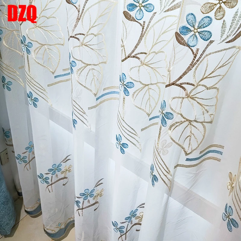 

European Semi Blackout Curtains for Living Room Bedroom Blue Curtain Floral Embroidery Tulle Thick Chenille Blinds Girls Drapes