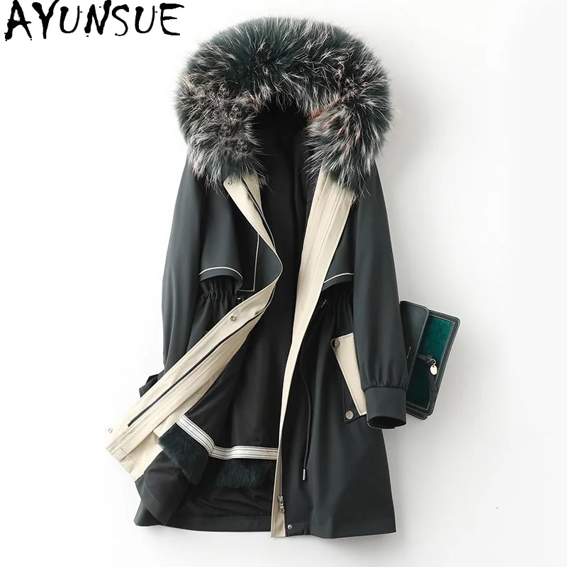 

AYUNSUE Real Raccoon Fur Collar Coat Female Winter 2021 Hooded Warm 100% Rabbit Fur Parka Long Fur Jacket Casaco Feminino Gxy391