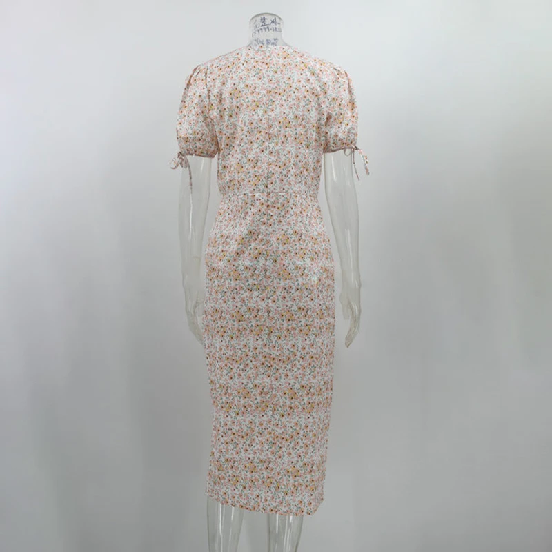 

Women Slit Sexy Deep V-neck Floral Print Dress 2021Summer Casual Batwing Short Sleeve Lace Up Boho Evening Midi Dress Party Robe