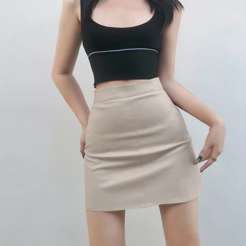 

High Waist PU Leather Mini Skirt Fashion Lining Vintage Casual Slim Women Skirts