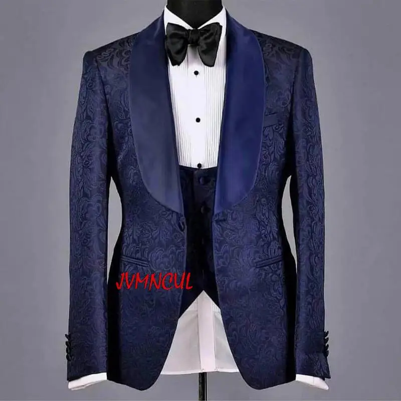 

2021 Navy Blue Floral Jacquard Men Suits 3 Pcs Costume Homme Tuxedos Slim Fit Groom Prom Terno Masculino Blazer Jacket+Pant+Vest