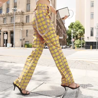 2021 summer leisure plaid womens trousers polyester straight ankle length pants versatile all match plaid pants with chain