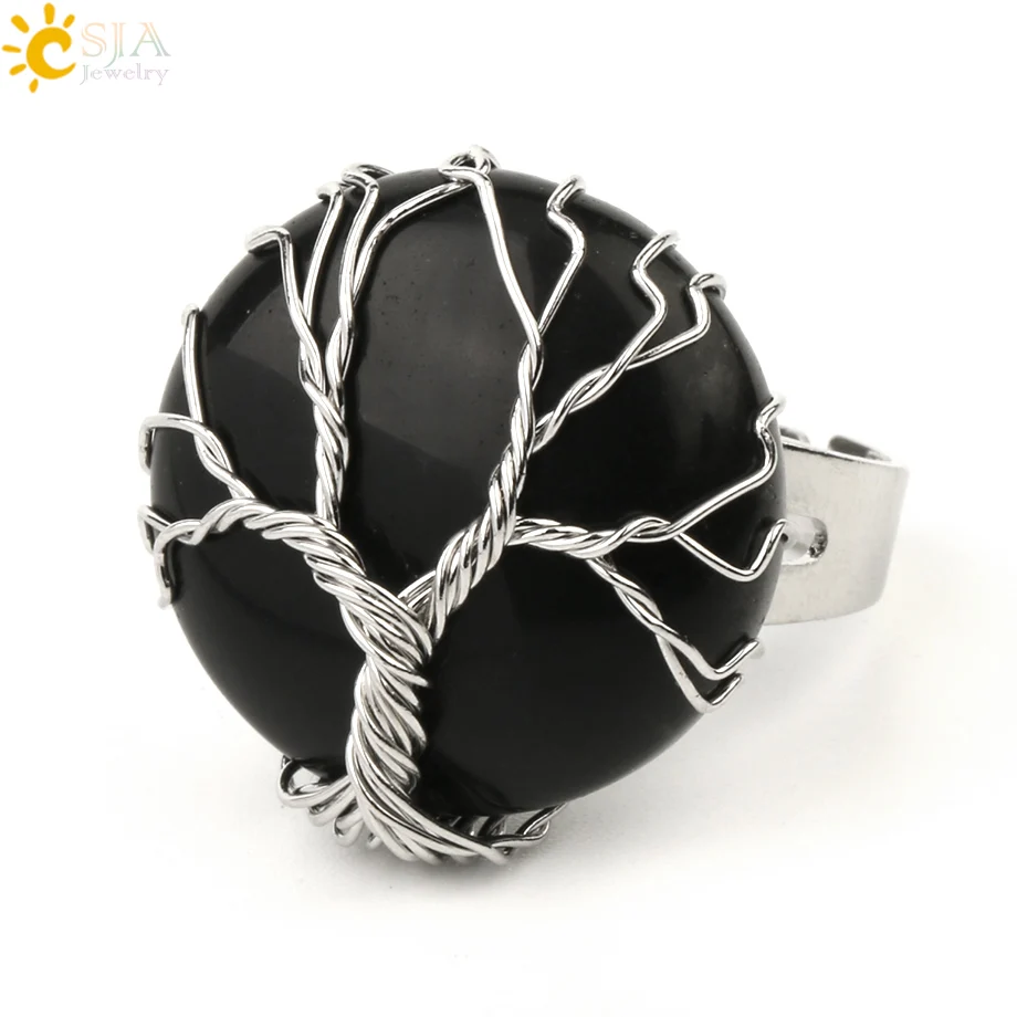 Black Onyx CSJA Натуральный камень круглый кабошон кольцо серебро Цвет рейки "Древо жизни" проволочный Обёрточная бумага перстни Размеры размер можно регулировать для Для женщин Для мужчин G241 - Цвет основного камня: Black Onyx