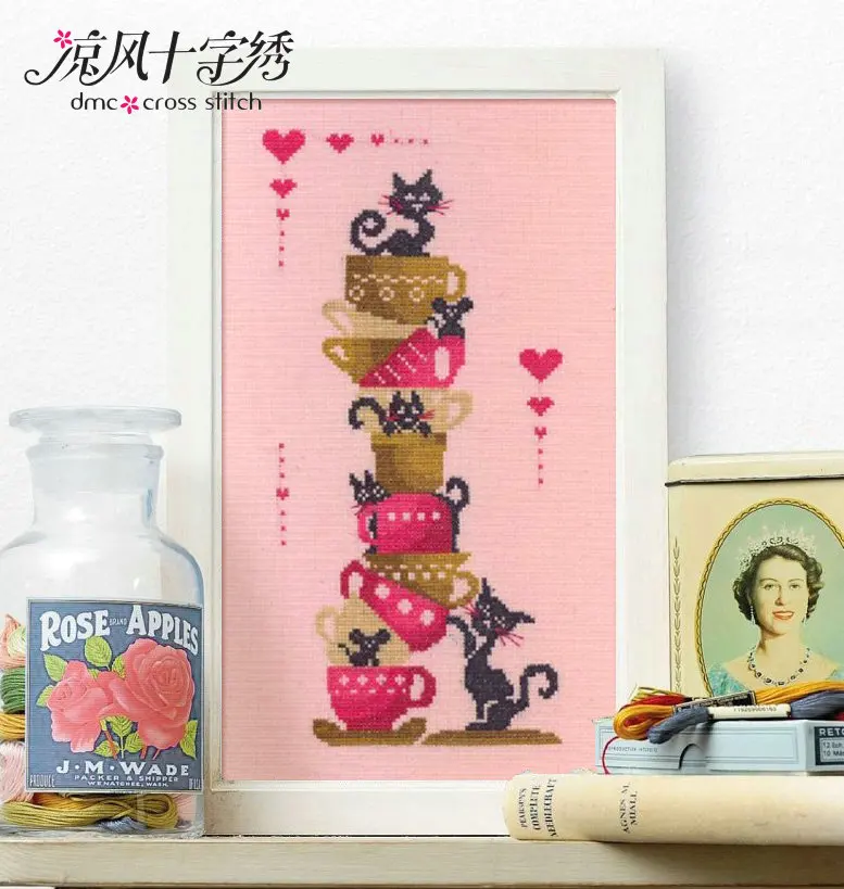 Набор для вышивки крестиком с черными кошками на чашках мультяшный рисунок 18