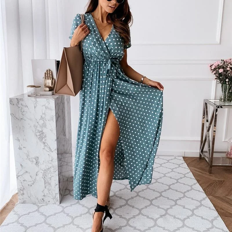 

Sexy Dress Women Chic Slim Casual Dress Holiday V Neck Short Sleeve Long Dresses Polka Dot Print Female High Split Ladies Dress