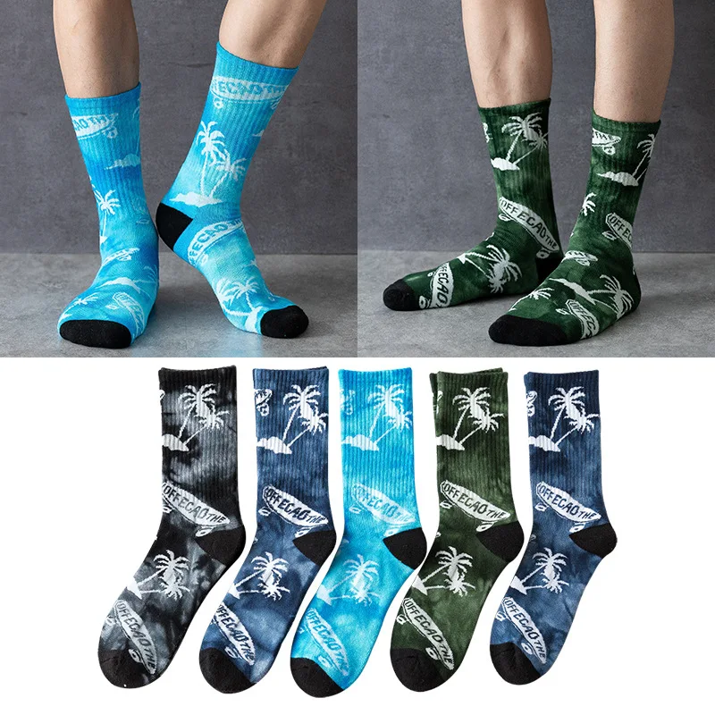 

Autumn and Winter Men's and Women's Tie-dye Coconut Tree In The Tube Tide Socks Cotton Towel Bottom Skateboard Personality