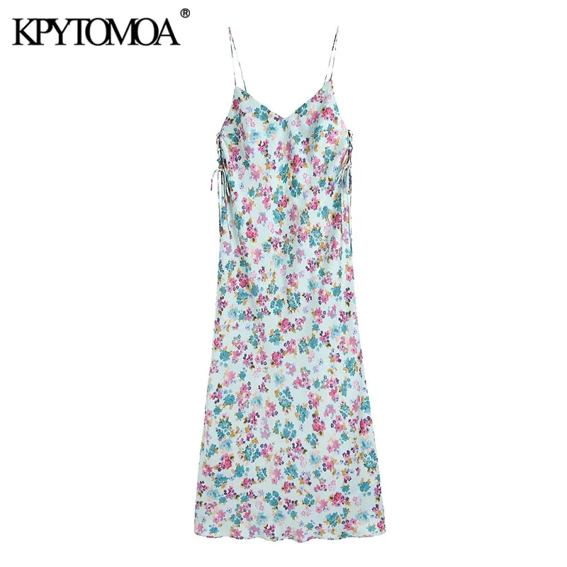 

KPYTOMOA Women 2021 Chic Fashion Side Drawstring Floral Print Midi Dress Vintage V Neck Thin Straps Female Dresses Vestidos
