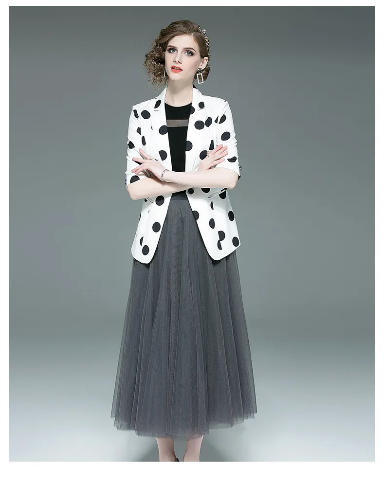 

New spring super fashion dot suit+ice silk Top+ suit+long section mesh skirt three pieces set for women