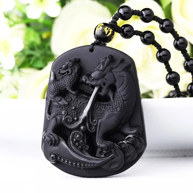 

Natural Black Obsidian Kirin Pendant Fashion Boutique Hand Carved Peace and Auspicious Send Blessing Necklace