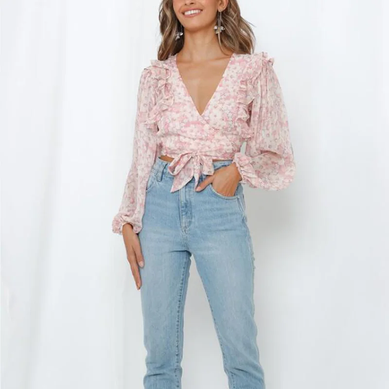 Летняя женская рубашка повседневная короткая с цветочным принтом и