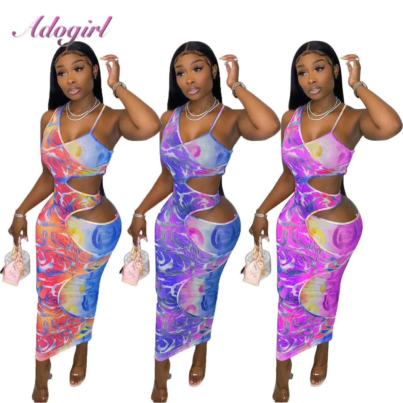 

Elegant Tie Dye Print Strapless One Shoulder Cut Out Summer Beach Maxi Dress Women Sexy Backless Outfit Party Clubwear Dresses