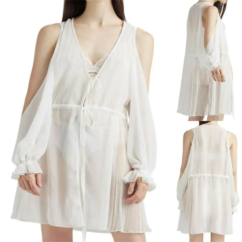 

Women V-neck Off Shoulder Long Skirt Sexy White Chiffon One-piece Dress Small Trumpet Sleeve Fashion Casual Dresses Summer