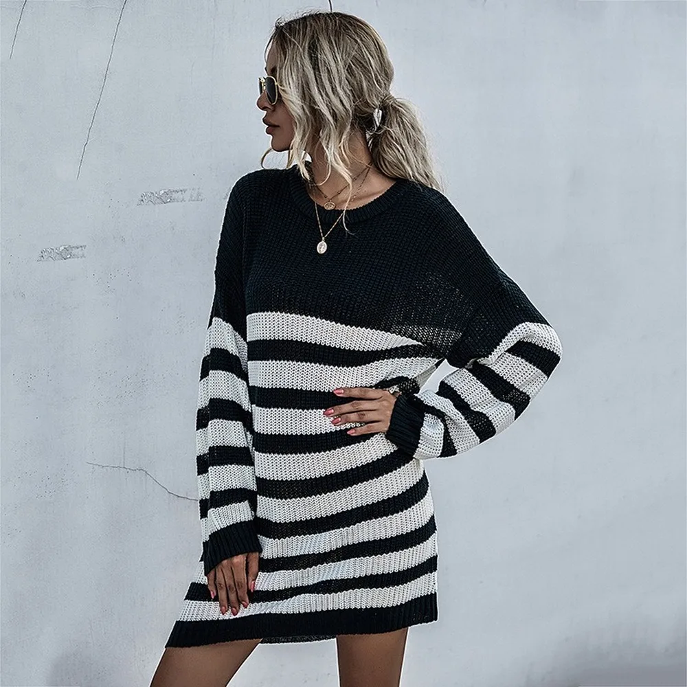 

Women's Autumn Winter Sweater 2020 New Round Neck Mid Long Stripe Casual Versatile Plus Size Pullovers Standard Korean Fashion