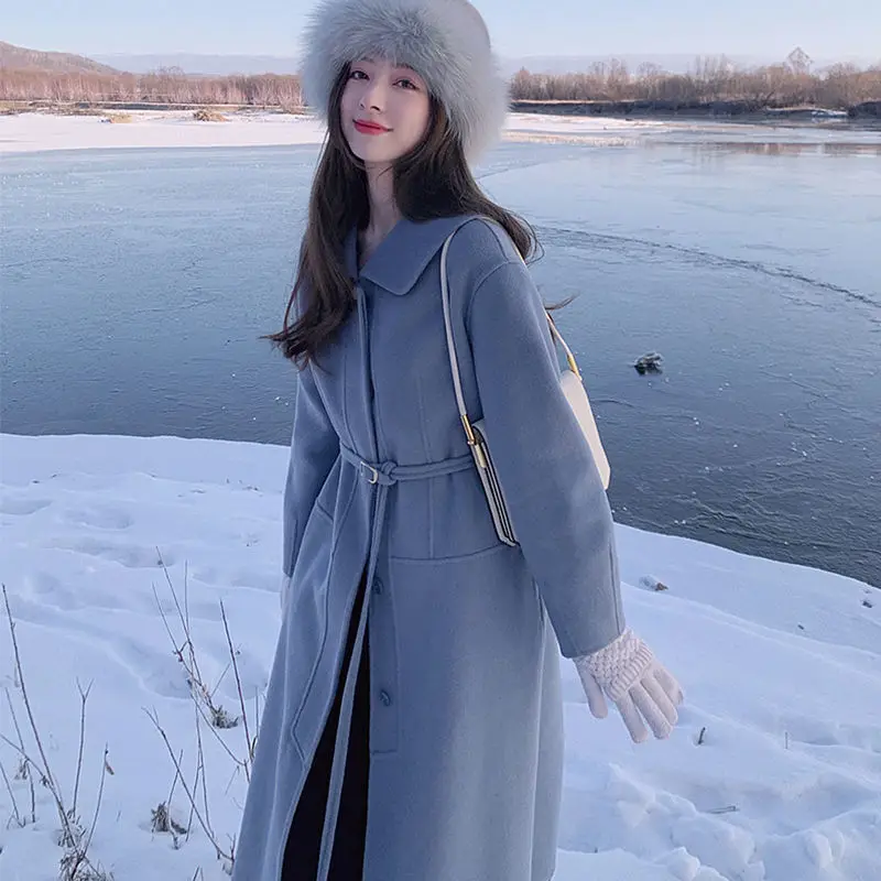 

Women 2021 Spring Autumn Woolen Coat Female Turn Down Collar Long Wool Coats Ladies Elegant Chic Outerwear Casaco Feminino A815