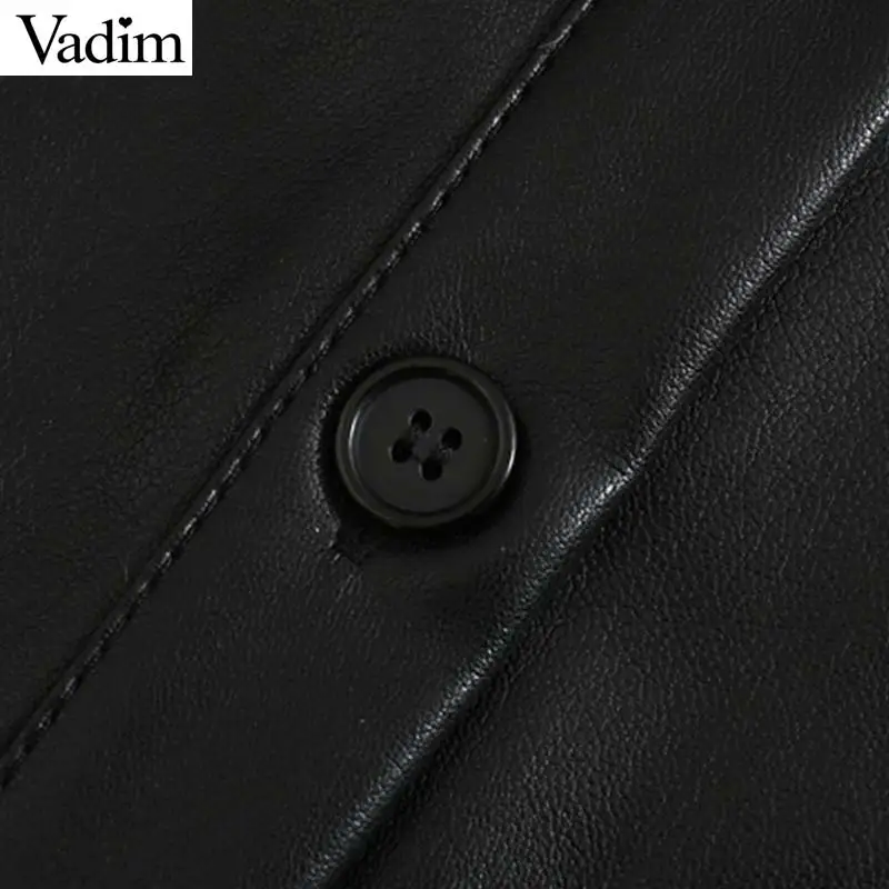 Vadim women elegant solid PU leather mini dress three quarter sleeve turn down collar straight female chic casual dresses QC941