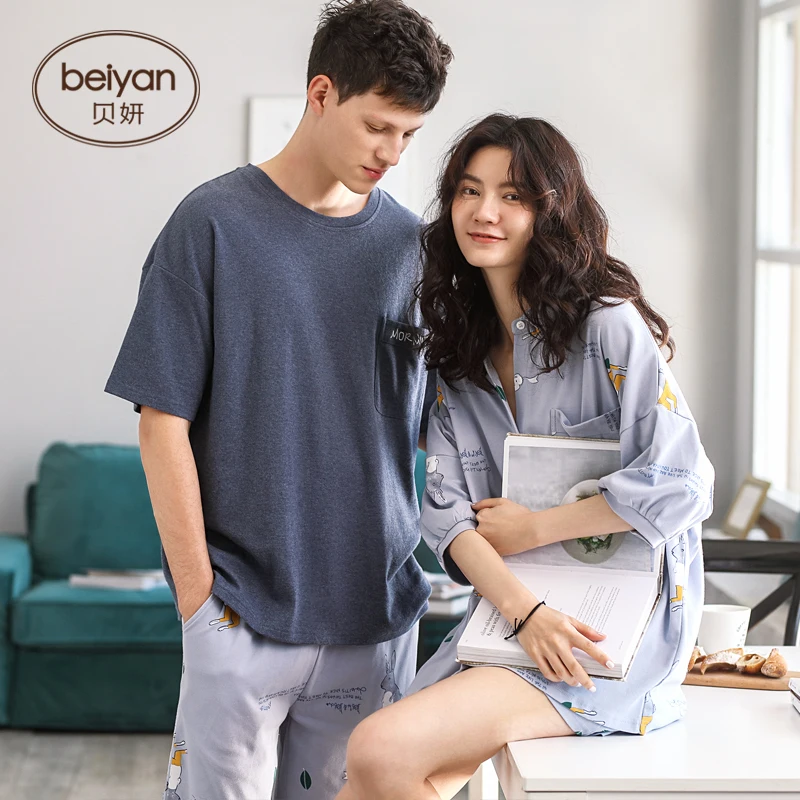 Летняя тонкая хлопковая пижама для пары милый мультяшный женский домашний или