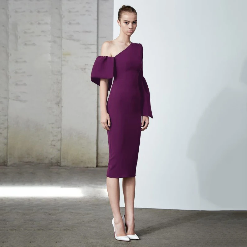 CIEMIILI однотонное фиолетовое вечернее платье на одно плечо с длинным рукавом