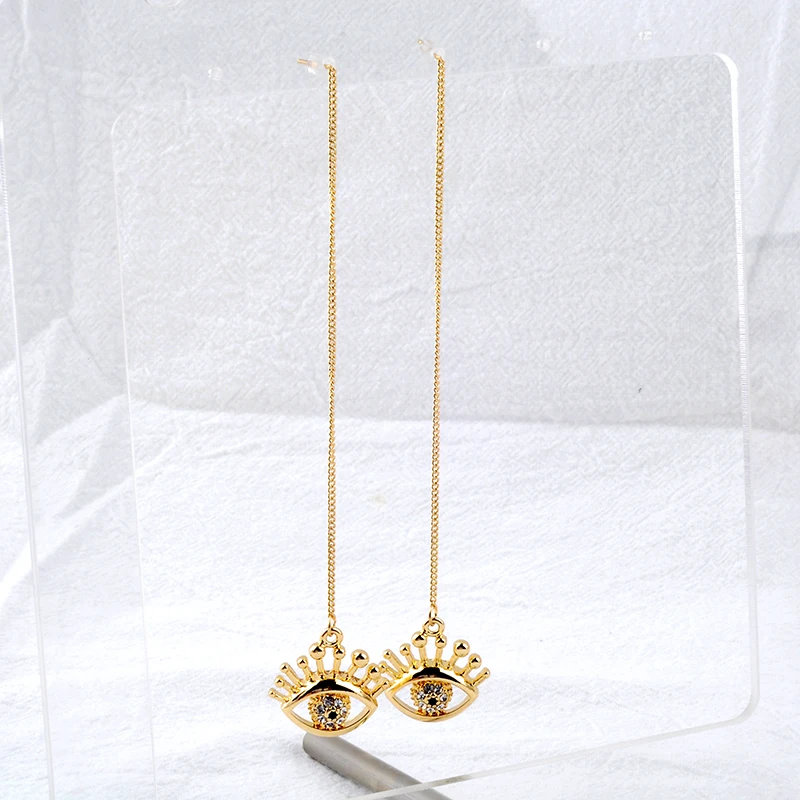 Женские серьги золотого цвета с длинной тонкой цепочкой уникальные кристаллами