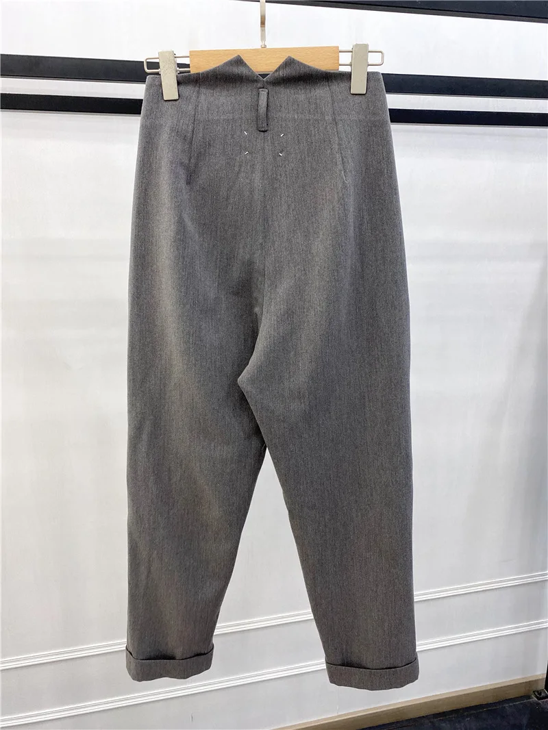 Women Pants Solid Color Ankle-length Rolled Office Lady Trousers with Pockets